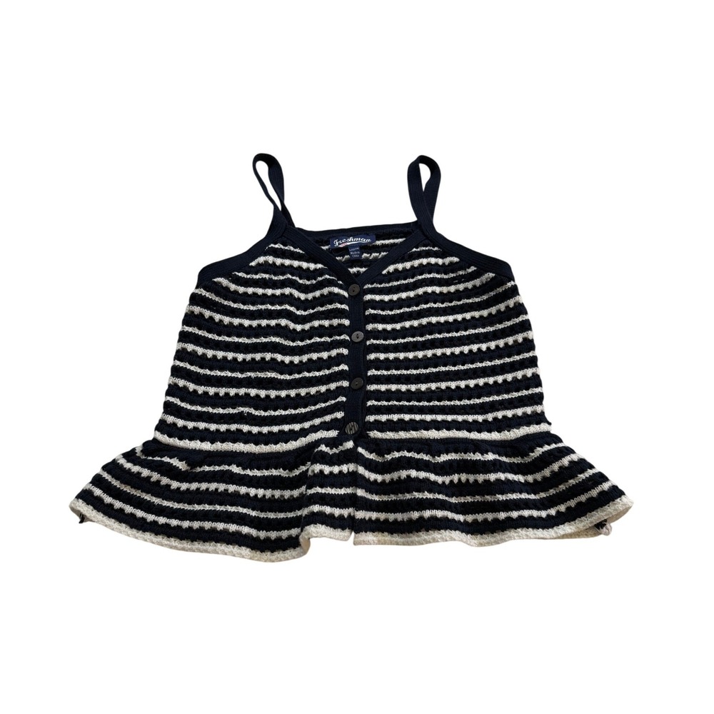 Freshman Camisole L 12/14 Navy Blue Striped Knit Ruffle Peplum Tank Top Y2K